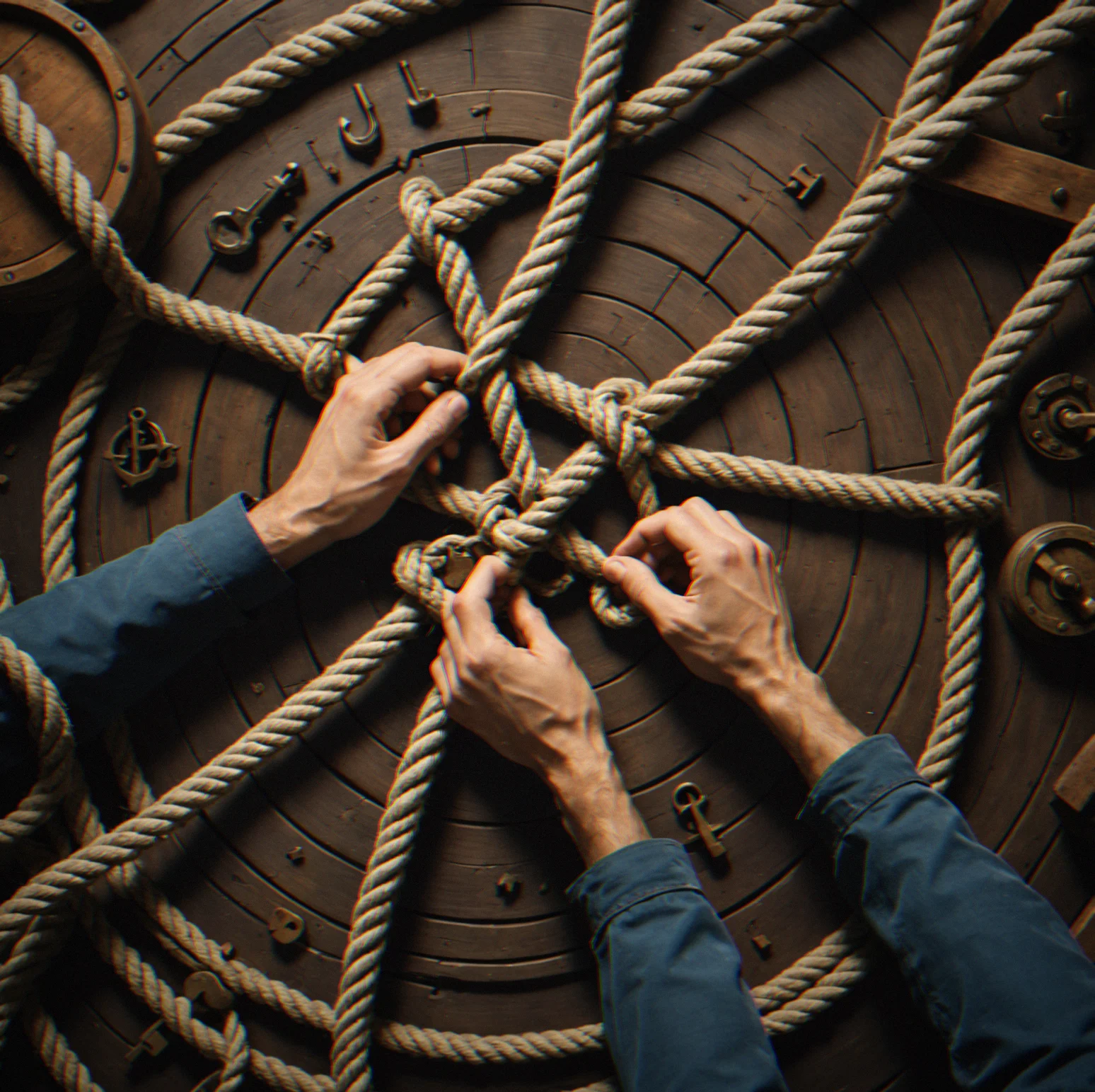 A complex final-stage puzzle with overlapping rope mechanics, synchronized player positions, and minimal margin for error.