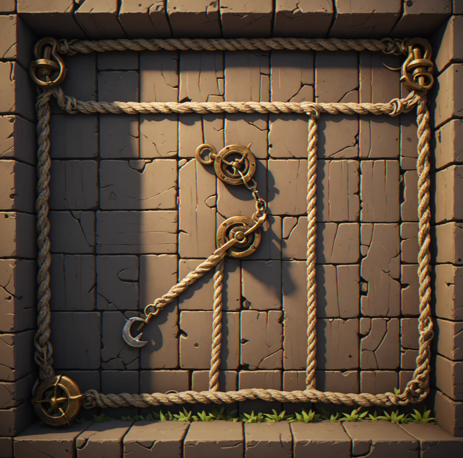 A simple early-level puzzle with a single gap, a wall-mounted anchor point, and a clear landing platform on the opposite side.
