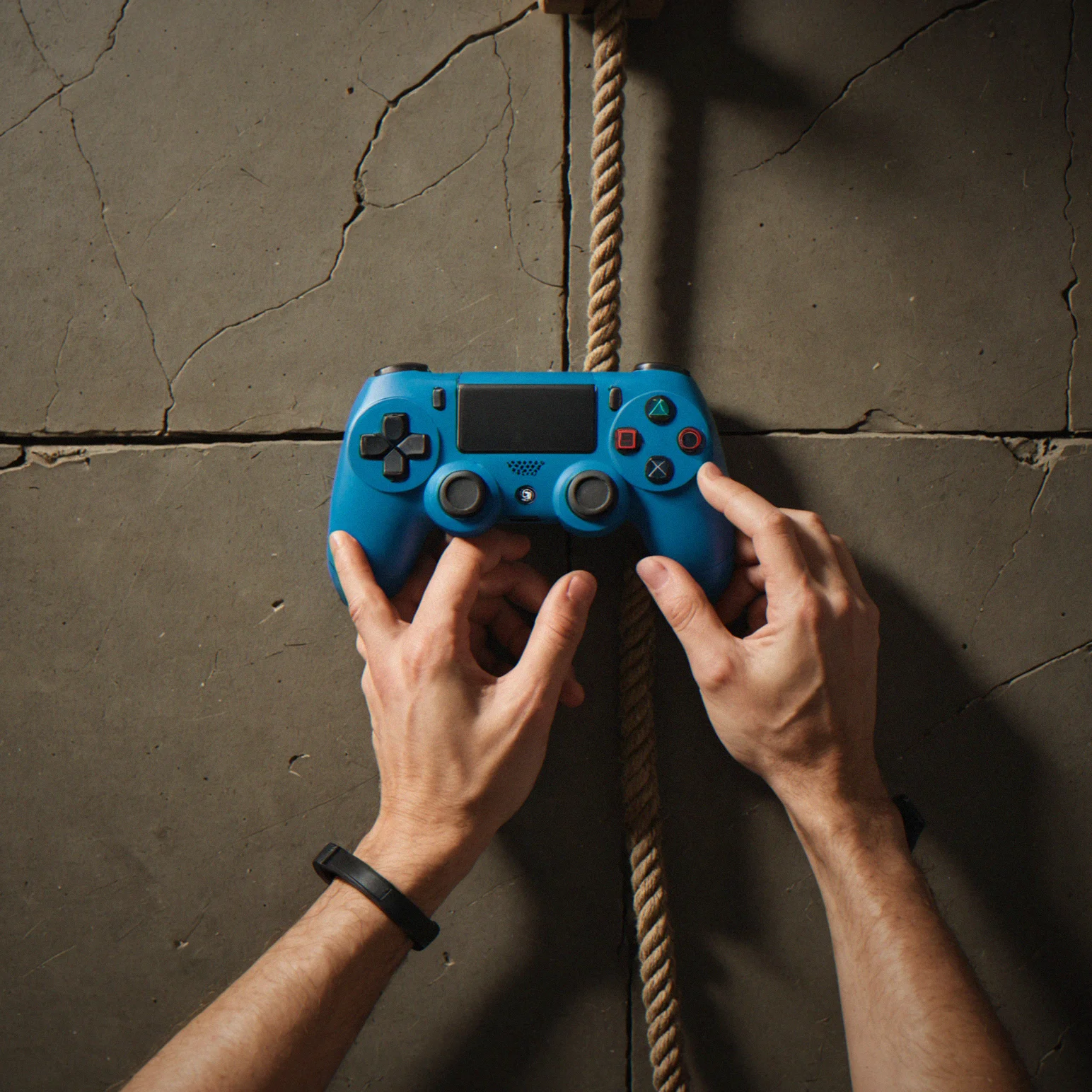 Two hands on a controller, one positioning an anchor point on a wall while the other lines up the timing for a rope swing across a gap.