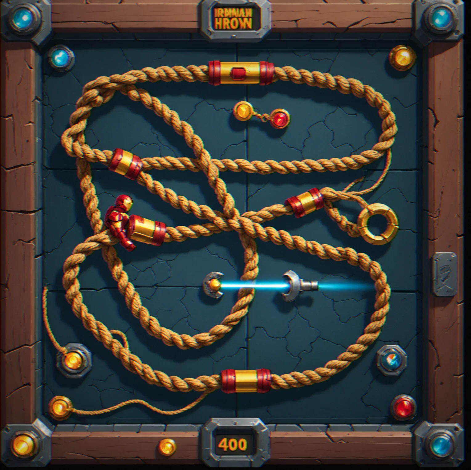 Level 40 complete. Screen shows total time, how many rope breaks you avoided, and an option to try the ironman challenge.