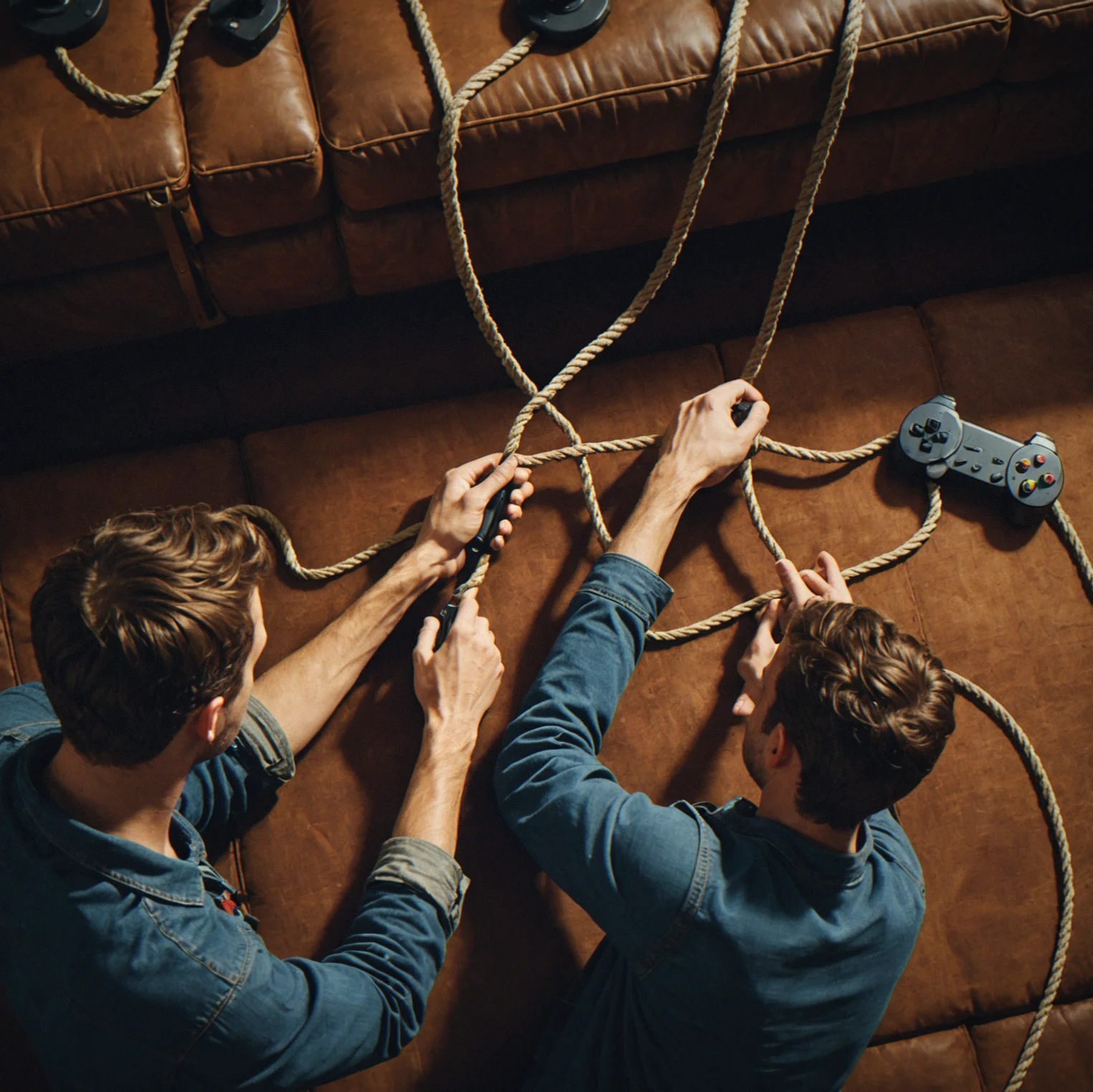 Two controllers on a couch. One player's anchoring a rope to the wall while the other gets ready to swing.