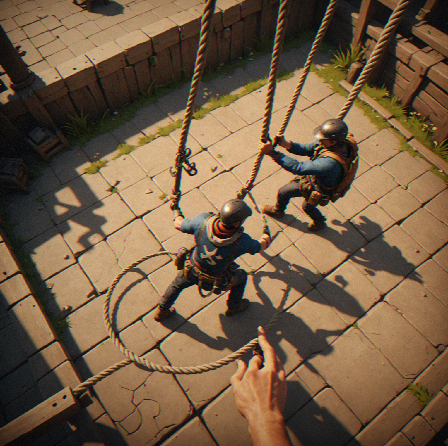 Player swinging acrpss a gap on rope, overshooting the landing zone on the first try.