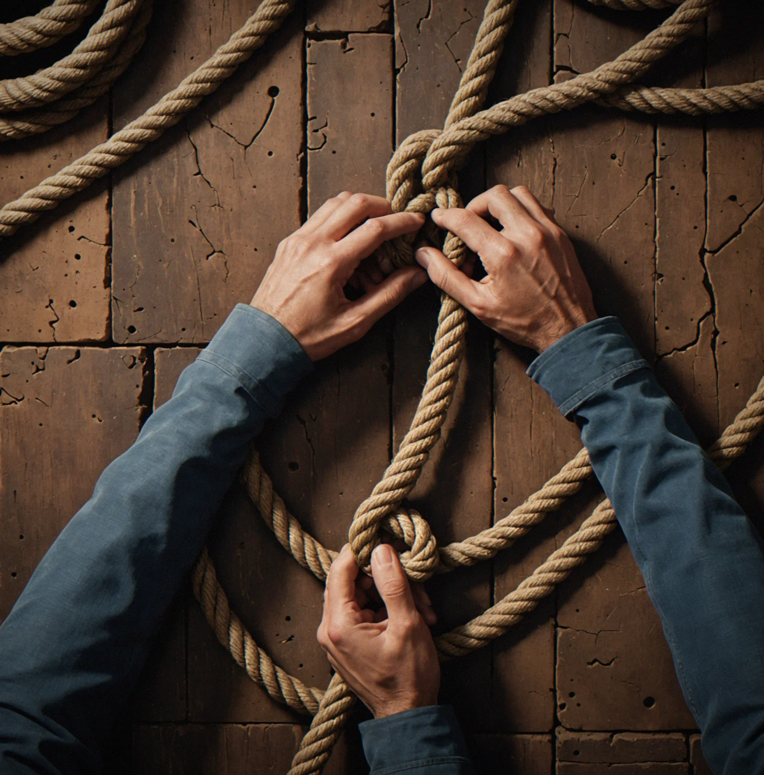 Rope pulled tight at maximum strain, fibers showing stress, anchor point about to give.