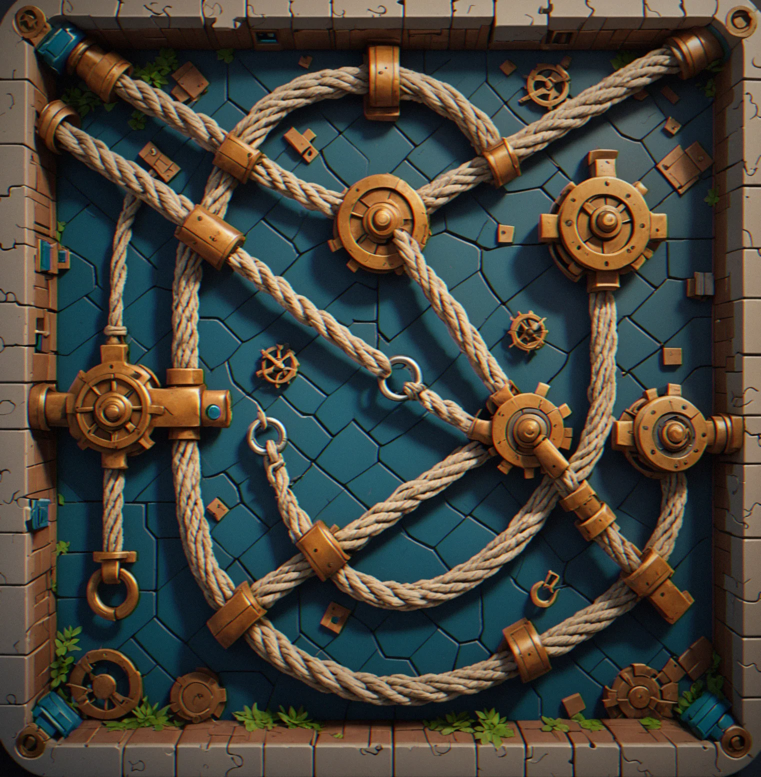 Multi-phase puzzle from above. Three anchor zones, moving platforms, and a central goal in the middle.