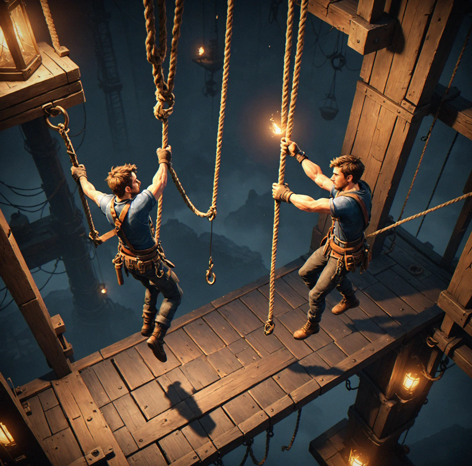 Both players hanging in mid-air from separate ropes, swinging toward the same platform from opposite sides.