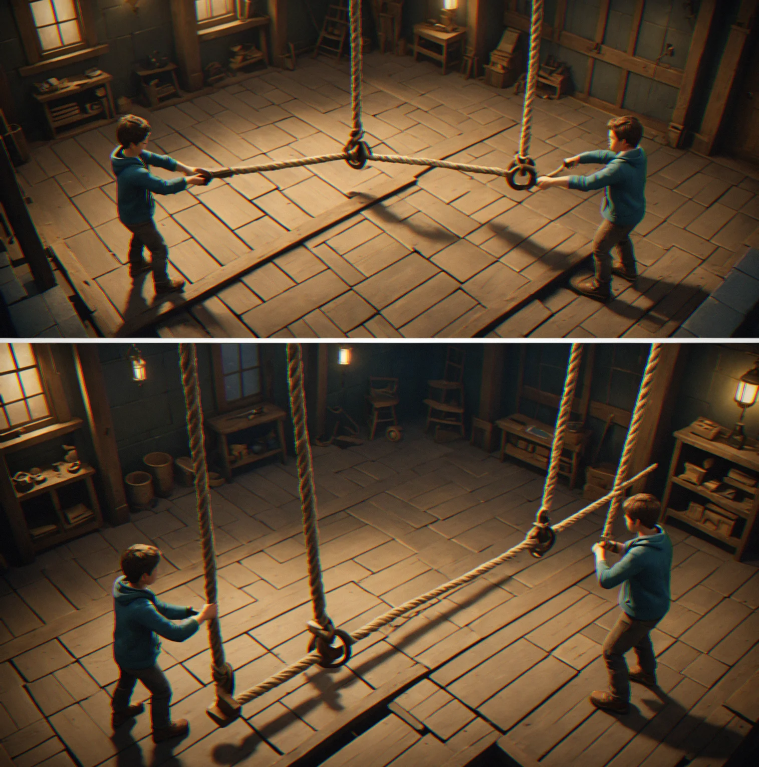 Split screen. Player A's rope controls on the left side, Player B's swing prediction on the right.